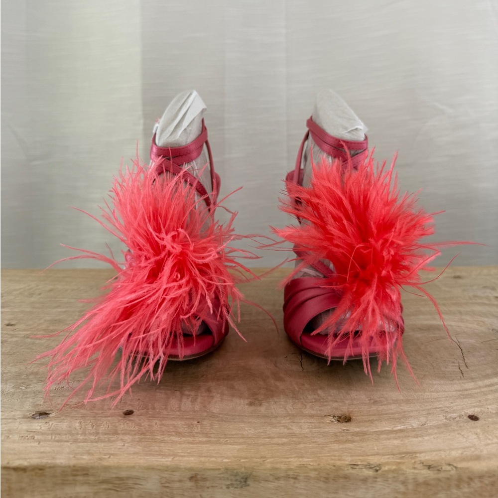 Sam Edelman Layton Feather Strappy Heels Rose Quartz Statement Sandal NWT Size 5 - Picture 10 of 16